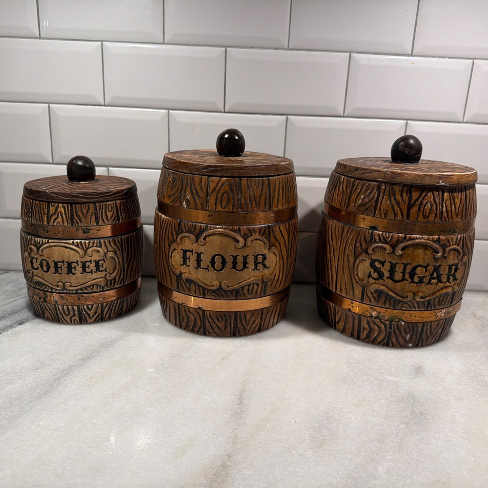Set of 3 Vtg MCM Treasure Craft Ceramic Canister Barrel Flour Sugar Tea Coffee 9
